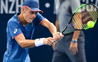 Alex De Minaur of Australia hits a return during his men's singles semi-final match against Pierre-Hugues Herbert of France at the ATP Shenzhen Open tennis tournament in Shenzhen in south China's Guangdong province on September 29, 2018. (Photo by - / AFP) / China OUT (Photo credit should read -/AFP/Getty Images)