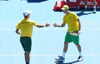 Jordan Thompson (L) and John Peers celebrate during their victory in the doubles rubber of the Australia v Bosnia & Herzegovina Davis Cup tie in Adelaide (Getty Images)