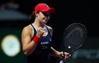 Ash Barty celebrates her victory over Petra Kvitova in the final round-robin match at the WTA Finals in Shenzhen. (Getty Images)