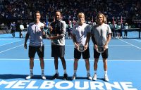 Max Purcell (far right) and Luke Saville (next to Purcell) pose with their Australian Open men's doubles finalists trophies (photo: Getty Images)