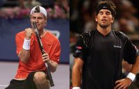 CONTRASTING EMOTIONS: Lleyton Hewitt and Pat Rafter at the 2001 Tennis Masters Cup in Sydney. Pictures: Getty Images