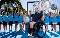 Dylan Alcott and members of the AO 2022 Coin Crew launch the AO 2022 coin honouring Margaret Molesworth.