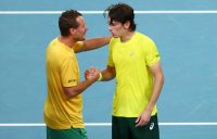 Australian captain Lleyton Hewitt celebrates with Alex de Minaur at the Davis Cup qualifier in Sydney; Getty Images