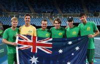 The Australian Davis Cup Team consisting of Alexei Popyrin, Thanasi Kokkinakis, captain Lleyton Hewitt, Alex de Minaur, John Peers and Luke Saville pose after winning the 2022 Davis Cup Qualifier between Australia and Hungary at Ken Rosewall Arena on March 05, 2022 in Sydney, Australia; Getty Images