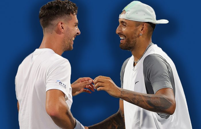 Thanasi Kokkinakis and Nick Kyrgios face-off in the opening round at the 2022 US Open. Picture: Getty Images