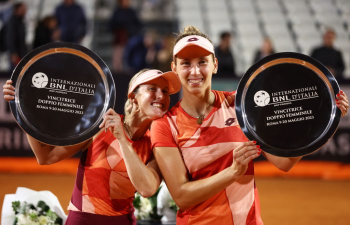 Storm Hunter and Elise Mertens celebrate their victory in Rome. Picture: Getty Images