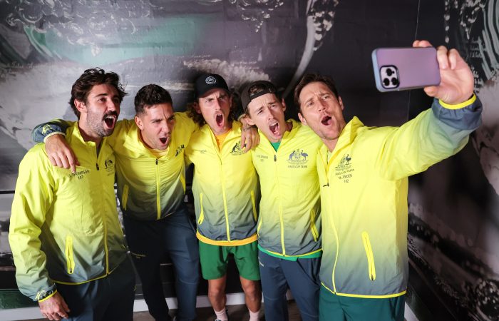 Matt Ebden celebrates with his Australian Davis Cup team-mates in Manchester. Picture: ITF