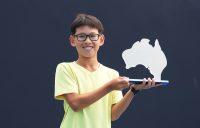 Aidan Chan celebrates winning the 12/u Australian Junior Tour Masters boys' singles title. Picture: Tennis Australia