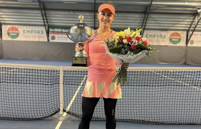 Arina Rodionova celebrates winning her 16th career ITF singles title.