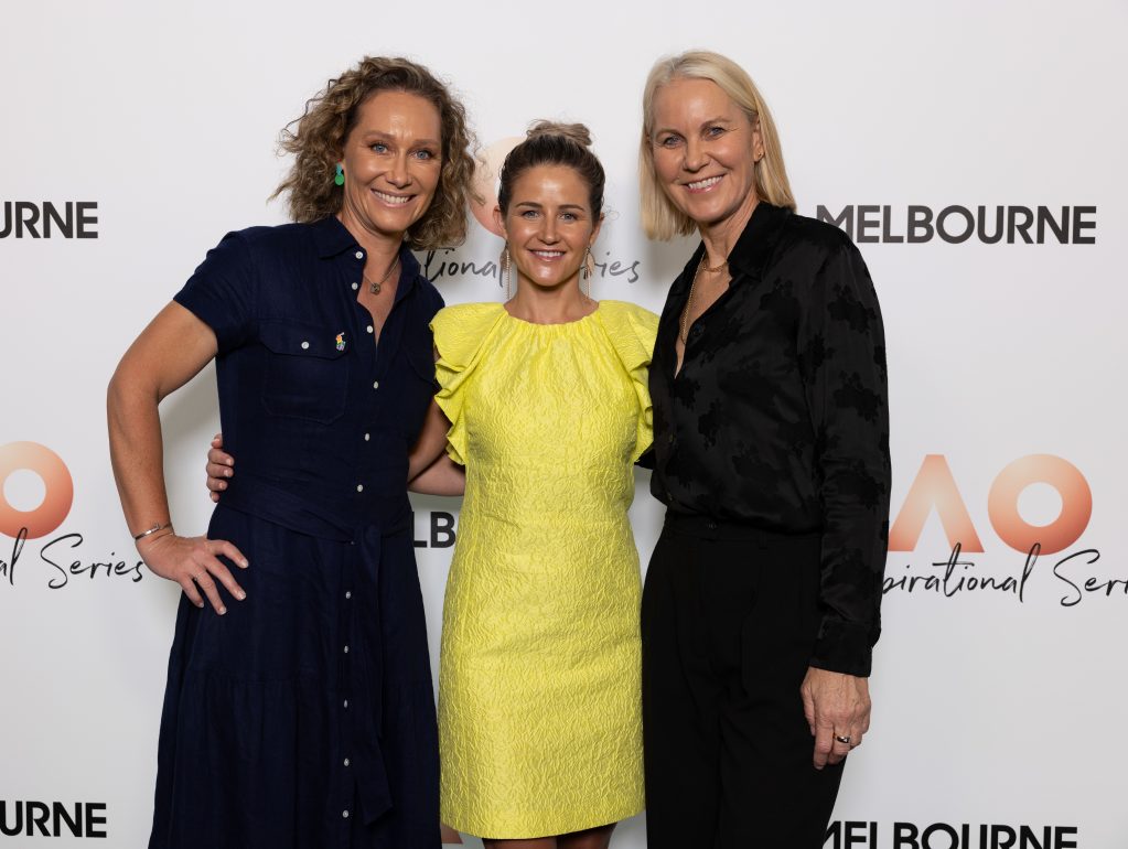 Michelle Payne (middle) with Australian tennis legends Sam Stosur and Rennae Stubbs at Australian Open 2024, Picture: Tennis Australia