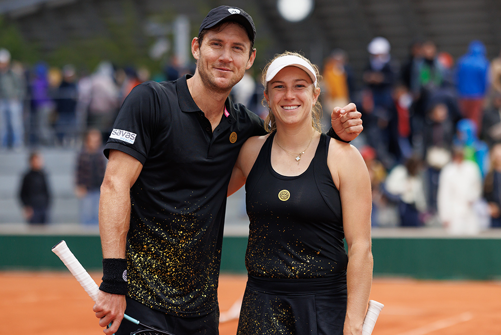 Matt Ebden and Ellen Perez celebrate their first-round mixed doubles win in Paris. Picture: Tennis Australia