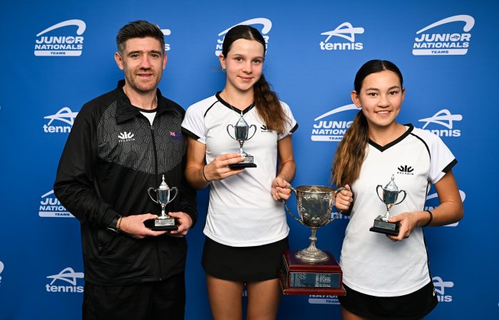June 25: U13 Girls winners (NLZ) L to R: Manager Chris Mint, Una Misic and Aliyah Daly during the Australian Teams Championships at KDV Tennis Centre, Gold Coast. Photo by TENNIS AUSTRALIA/ DAN PELED