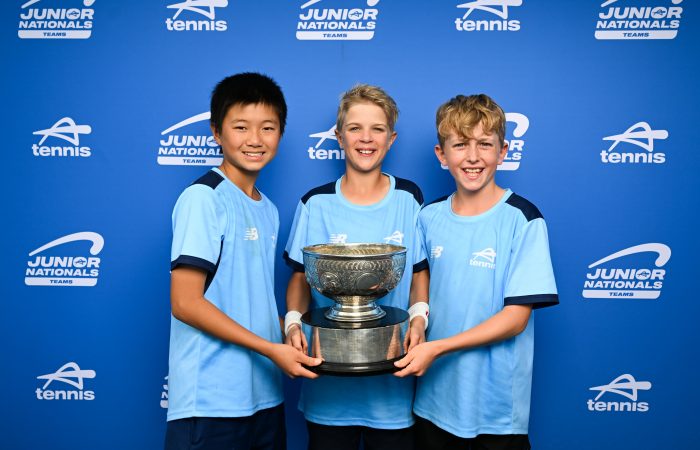 June 25: U11 Boys winners (NSW) L to R: Caleb Gwinnell-Sheather, Mitchell Coventry-Searle and Ethan Wang during the Australian Teams Championships at KDV Tennis Centre, Gold Coast. Photo by TENNIS AUSTRALIA/ DAN PELED