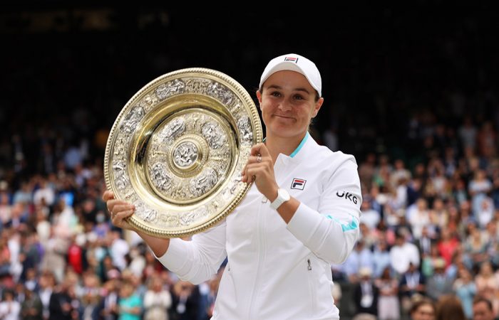 Ash Barty celebrates her 2021 Wimbledon singles triumph. (Getty Images)