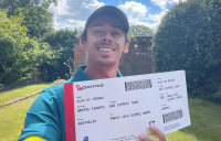Alex de Minaur takes a selfie with his ticket to Paris