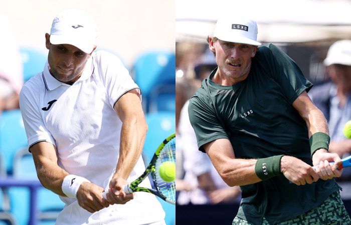 Aleksandar Vukic (L) and Max Purcell have advanced to the singles quarterfinals at the ATP grass-court event in Eastbourne. (Getty Images)