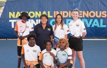 Evonne Goolagong Cawley poses with children at the Darwin International Tennis Centre for the National Indigenous Tennis Carnival on Thursday, August 10, 2023. MANDATORY PHOTO CREDIT Tennis Australia/ SCOTT BARBOUR