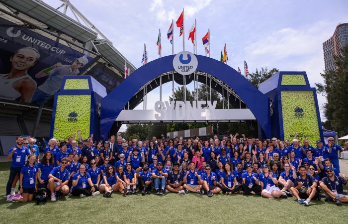 January 7: Volunteers and staff pose for a team photo during the 2024 United Cup in Sydney, on Sunday, January 7, 2024. Photo by TENNIS AUSTRALIA/ JAMES GOURLEY