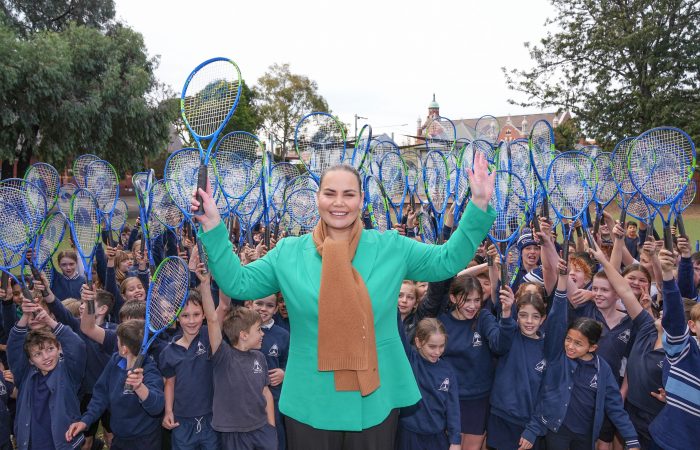 June 25: Jelena Dokic poses with school children during the Wimbledon Preview and Racquet Roadshow Launch at Middle Park Primary School in Melbourne, Australia on Tuesday, June 25, 2024. Photo by TENNIS AUSTRALIA/ SCOTT BARBOUR