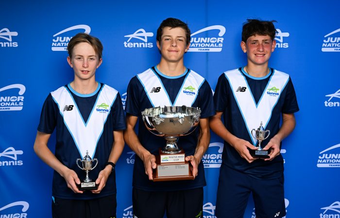 June 30: Winners (VIC) U15 Boys L to R: Lachlan King, Ymerali Ibraimi, Nikolas Baker during the Australian Teams Championships at KDV Tennis Centre, Gold Coast. Photo by TENNIS AUSTRALIA / DAN PELED