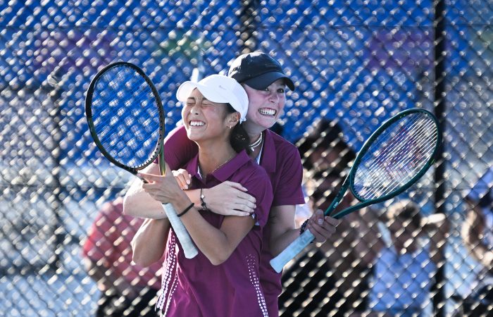 June 30: Doubles decider U15 Girls - Georgia Campbell (QLD, right) and Gina Cha (QLD) celebrating their win during the Australian Teams Championships at KDV Tennis Centre, Gold Coast. Photo by TENNIS AUSTRALIA / DAN PELED