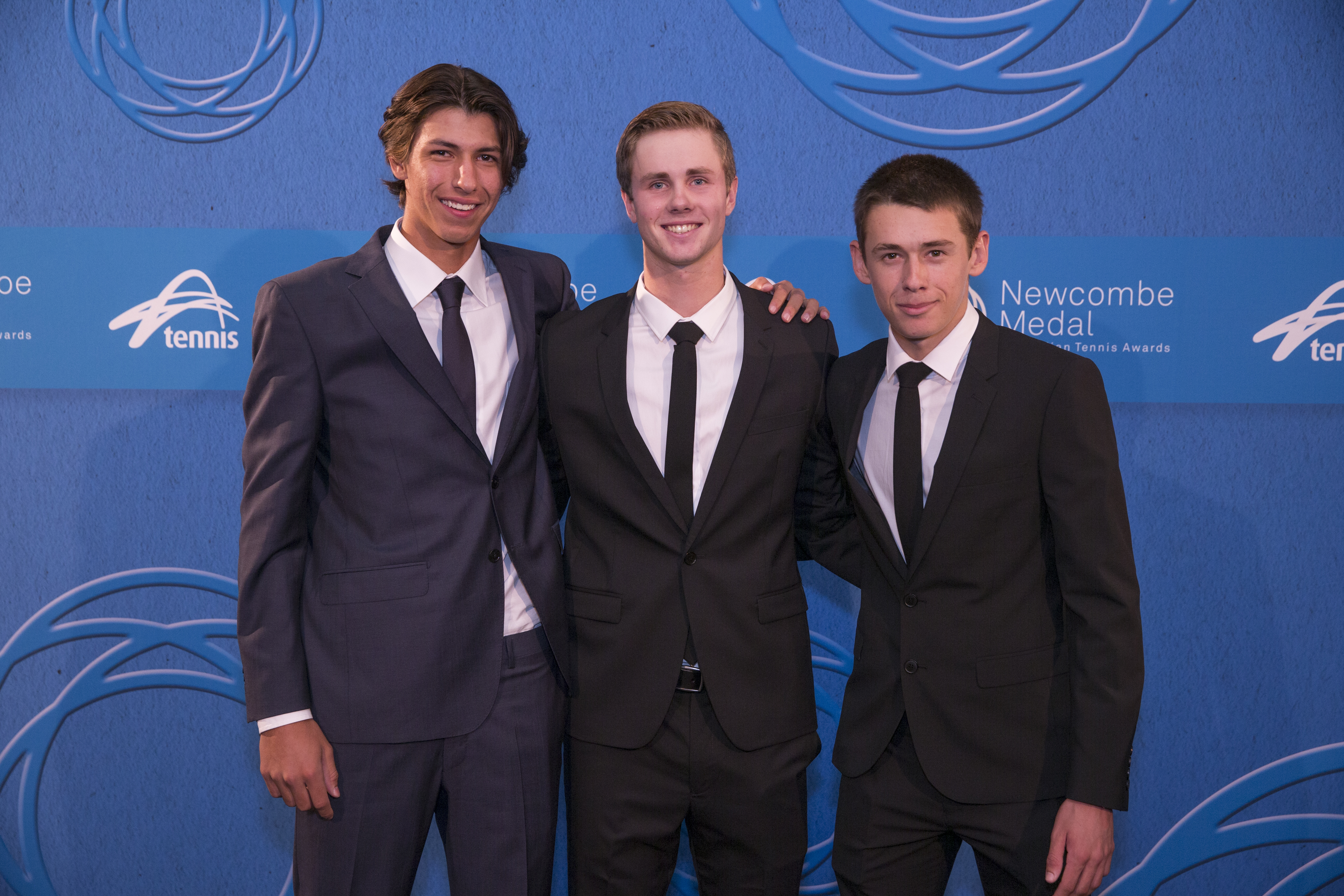 Alexei Popyrin (left) and Alex de Minaur (right), with Blake Ellis (middle) at the Australian Tennis Awards in 2016. Picture: Tennis Australia