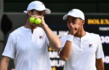 John Peers and Rinky Hijikata during their first-round doubles match at Wimbledon 2024. Picture: Getty Images