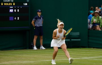 Daria Saville celebrates  winning her first-round match at Wimbledon 2024. Picture: Getty Images