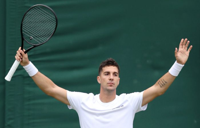 Thanasi Kokkinakis celebrates his epic first-round win at Wimbledon 2024. Picture: Getty Images