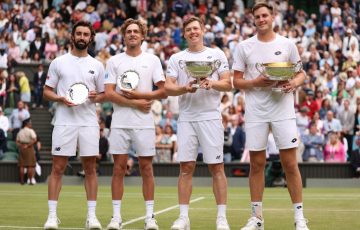 Jordan Thompson and Max Purcell with their finalist plates at Wimbledon 2024. Picture: Getty Images