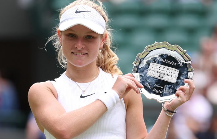 Emerson Jones with her girls' singles finalist trophy at Wimbledon 2024. Picture: Getty Images