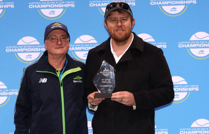 July 21: Inaugural B1 singles national champion Ben Rowe at the 2024 National Blind and Low Vision Championships at the National Tennis Centre in Melbourne. Photo by TENNIS AUSTRALIA/ HAMISH BLAIR