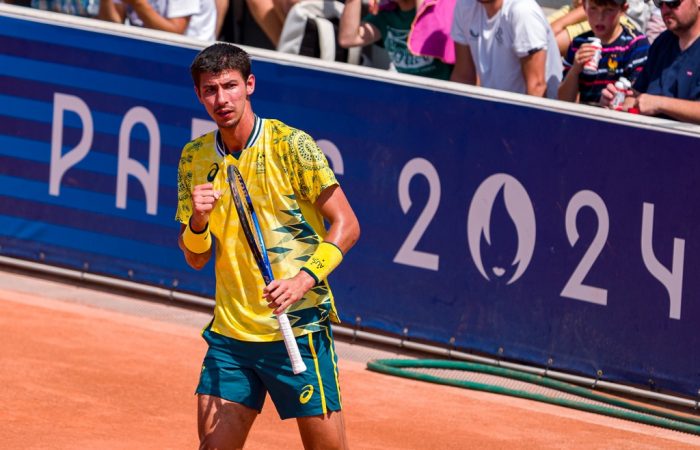 Alexei Popyrin in action against Stan Wawrinka in the second round of the Paris Olympics men's singles. Photo: Tennis Australia / Andy Cheung