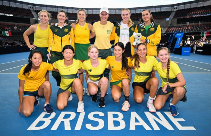 April 13: Junior Girls with Team Australia at the Billie Jean King Cup Qualifier at the Queensland Tennis Centre in Brisbane on Saturday, April 13, 2024. Photo by TENNIS AUSTRALIA/ DAN PELED