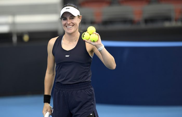 Kim Birrell during a practice session at Pat Rafter Arena. Picture: Tennis Australia