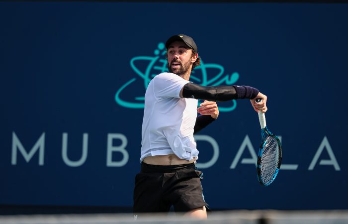 WASHINGTON, DC - AUGUST 01: Jordan Thompson returns a shot against Giovanni Mpetshi Perricard during day 6 of the Mubadala Citi DC Open 2024 at William H.G. FitzGerald Tennis Center on August 1, 2024 in Washington, DC. (Photo by Scott Taetsch/Getty Images)