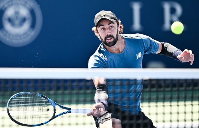 Jordan Thompson closes at net against Jack Draper in the first round of the Montreal Masters. Photo: Getty Images