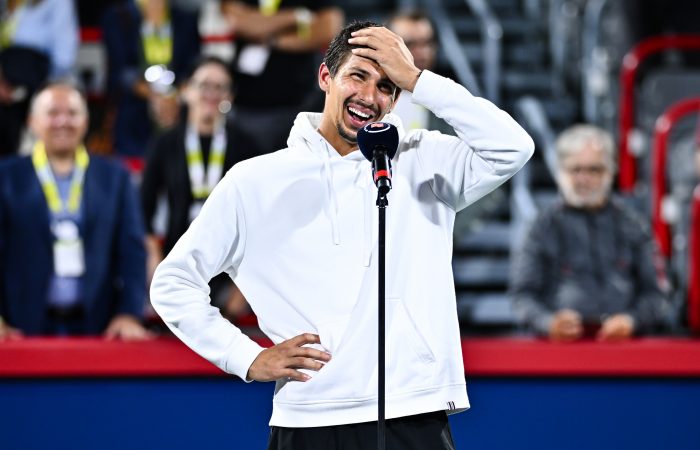 MONTREAL, CANADA - AUGUST 12:  Alexei Popyrin of Australia addresses the spectators after defeating Andrey Rublev in two sets 6-2, 6-4 during the Men's Singles Final match on day seven of the ATP Masters 1000 National Bank Open at Stade IGA on August 12, 2024 in Montreal, Canada.  (Photo by Minas Panagiotakis/Getty Images)