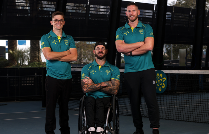 August 30: Australian Paralympic tennis team for Paris 2024 L to R: Anderson Parker, Heath Davidson, Ben Weekes at the National Tennis Centre in Melbourne. Photo by TENNIS AUSTRALIA 
