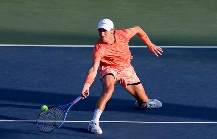 NEW YORK, NEW YORK - AUGUST 27: Max Purcell of Australia returns against Aleksandar Vukic of Australia during their Men's Singles First Round match on Day Two of the 2024 US Open at the USTA Billie Jean King National Tennis Center on August 27, 2024 in the Flushing neighborhood of the Queens borough of New York City. (Photo by Al Bello/Getty Images)