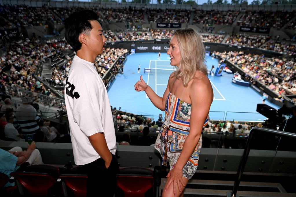 Ariarne Titmus with Australian golfer Min Woo Lee at Brisbane International 2024. Picture: Tennis Australia