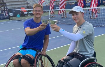 Ivar van Rijt and Benjamin Wenzel celebrate winning the US Open 2024 boys' wheelchair doubles title. 