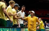 Max Purcell and Matt Ebden celebrate their doubles victory with their Australian Davis Cup teammates after victory over France in Valencia. [Getty Images]