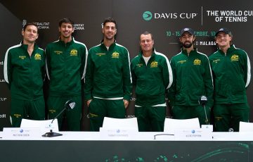 Australia's Davis Cup team of (L-R) Matt Ebden, Alexei Popyrin, Thanasi Kokkinakis, captain Lleyton Hewitt, Jordan Thompson and Max Purcell. [Getty Images]