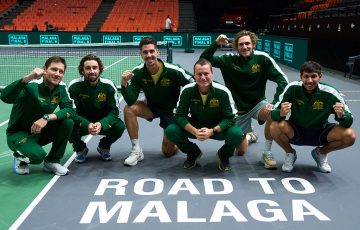 Australia's Davis Cup Final 8 team Matt Ebden, Jordan Thompson, Thanasi Kokkinakis, captain Lleyton Hewitt, Max Purcell and Alexei Popyrin. Photo: Getty Images