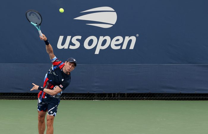 NEW YORK, NEW YORK - AUGUST 29: Matthew Ebden of Australia serves during their Men's Doubles First Round match against Sander Arends and Robin Haase of Netherlands on Day Four of the 2024 US Open at USTA Billie Jean King National Tennis Center on August 29, 2024 in the Flushing neighborhood of the Queens borough of New York City. (Photo by Mike Stobe/Getty Images)