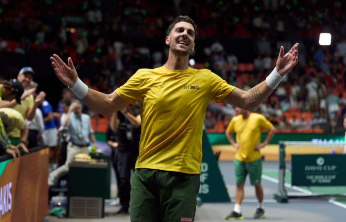 Thanasi Kokkinakis celebrates at the 2024 Davis Cup Finals in Valencia. Picture: Getty Images