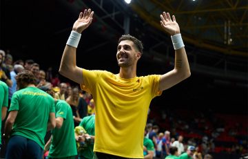 Thanasi Kokkinakis celebrates his win over Jakub Mensik during Australia's 3-0 victory over Czech Republic during the Davis Cup Finals Group Stage in Valencia. [Getty Images]