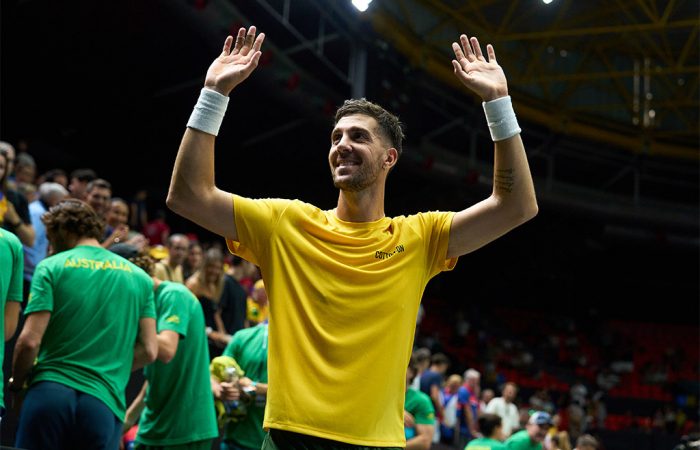 Thanasi Kokkinakis celebrates his win over Jakub Mensik during Australia's 3-0 victory over Czech Republic during the Davis Cup Finals Group Stage in Valencia. [Getty Images]