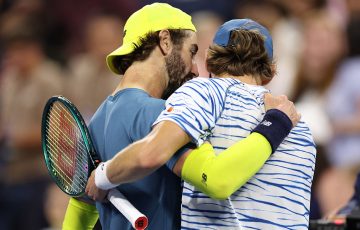 Jordan Thompson congratulates Alex de Minaur after their fourth-round match at the US Open. 